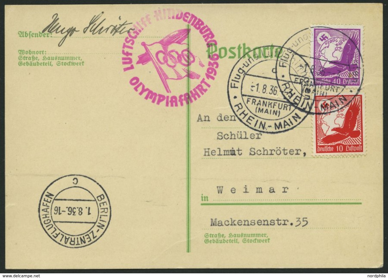 ZEPPELINPOST 427B BRIEF, 1936, Olympiafahrt, Auflieferung Rhein-Main-Flughafen (Buchstabe C), Prachtkarte - Poste Aérienne & Zeppelin