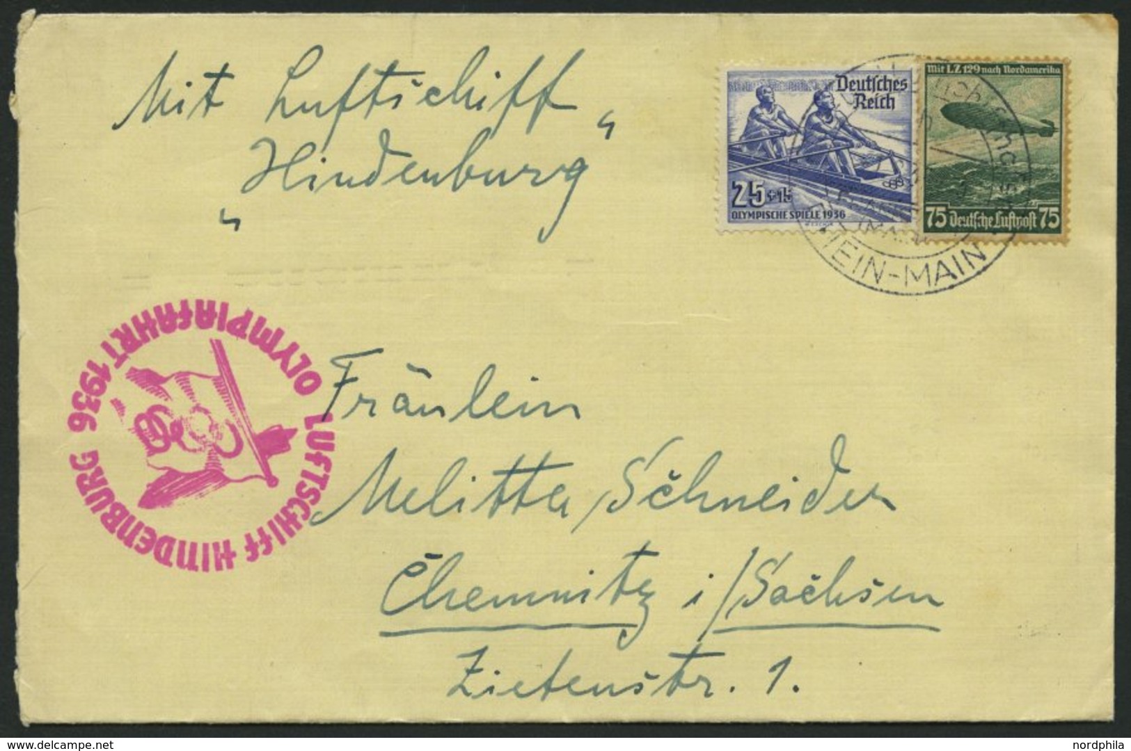 ZEPPELINPOST 427Ba BRIEF, 1936, Olympiafahrt, Auflieferung Rhein-Main-Flughafen (Buchstabe H), Frankiert Mit Olympia-Mar - Airmail & Zeppelin