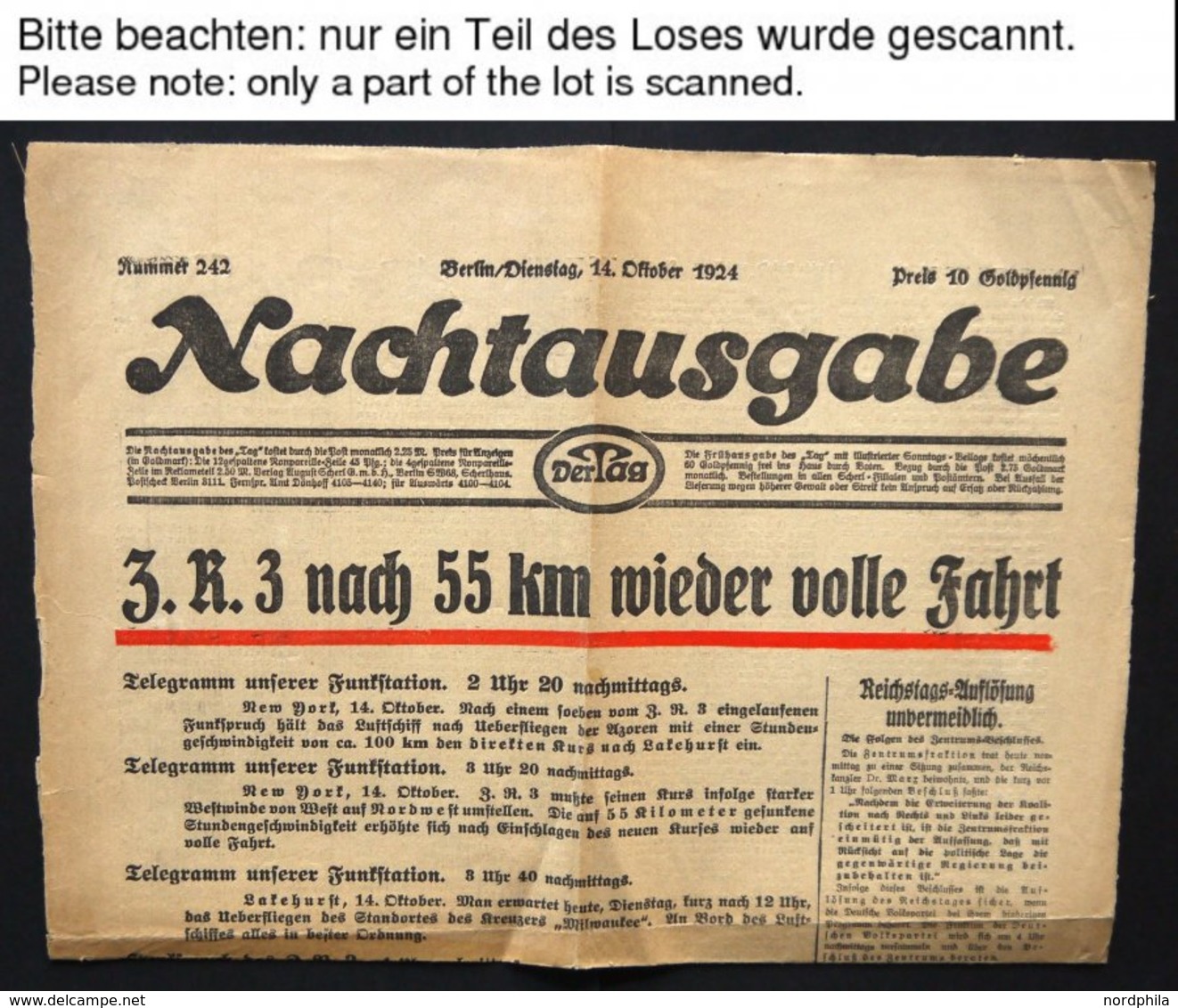 ZEPPELINPOST 1924, ZR 3 - Der Legendäre Amerika-Zeppelin: 5 Verschiedene Zeitungen Mit Zeppelin-Schlagzeilen, Pracht - Airmail & Zeppelin