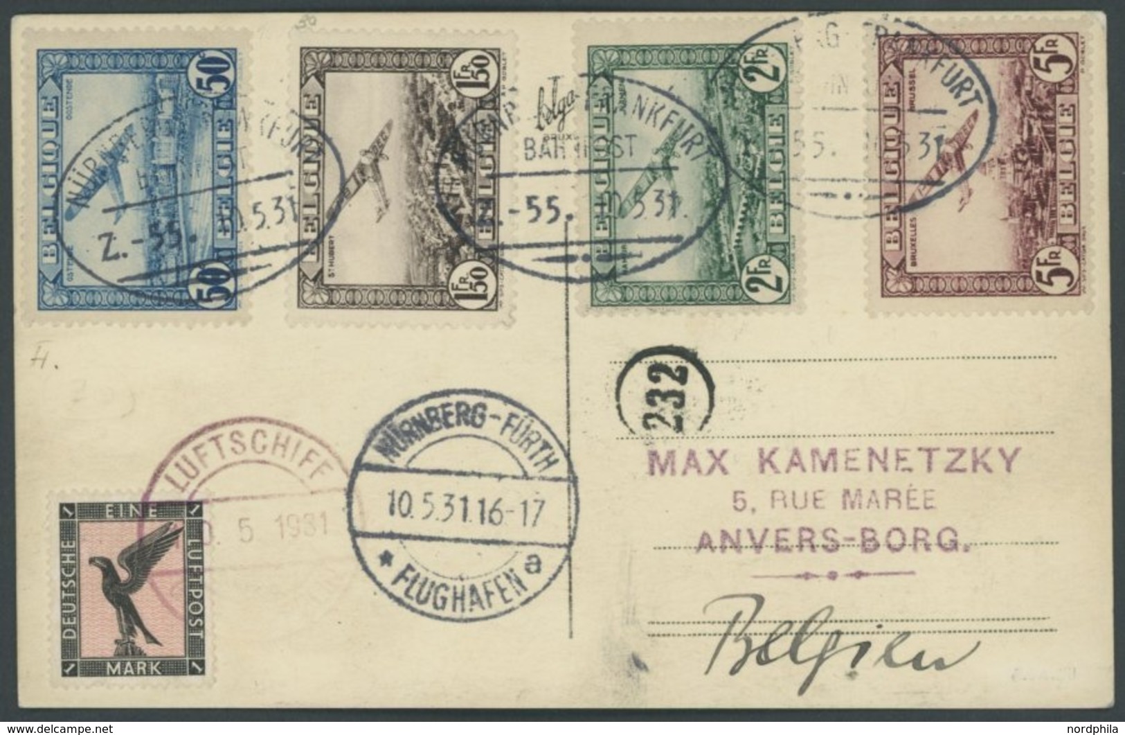 ZULEITUNGSPOST 107 BRIEF, Belgien: Fahrt Nach Nürnberg, Frankiert Mit Mi.Nr. 280-83 (entwertet Mit Bahnpoststempeln), So - Zeppeline