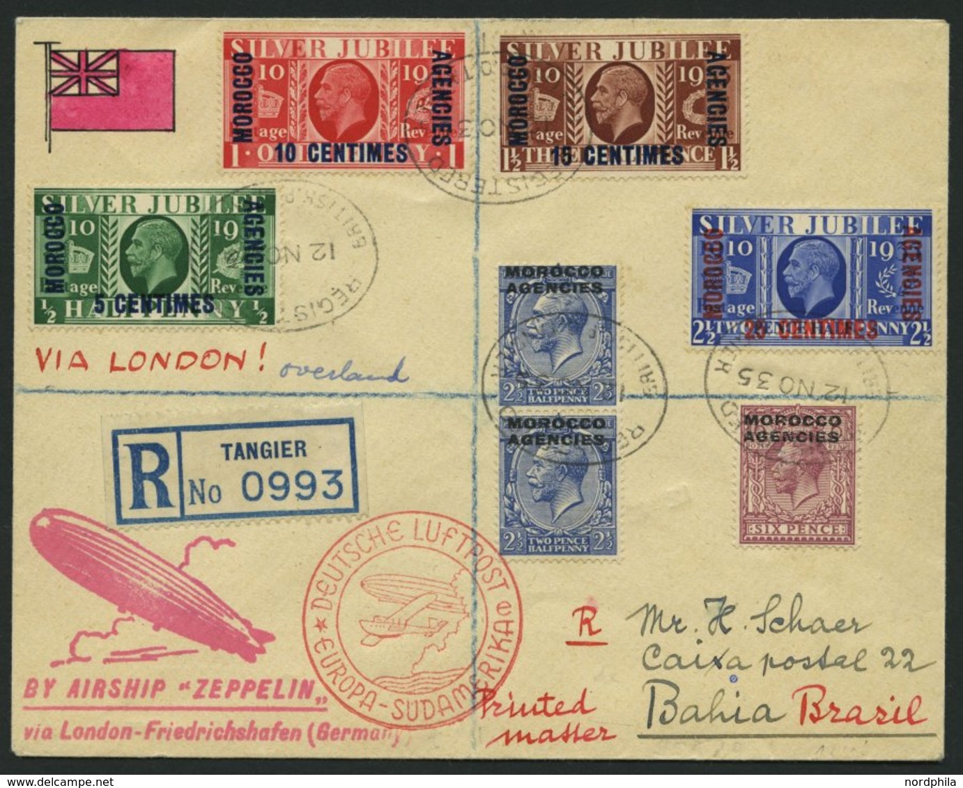 ZULEITUNGSPOST 329Ba BRIEF, Britische Post In Marokko (Tanger): 1935, 16. Südamerikafahrt, Nachbringeflug Ab Berlin, Ein - Zeppeline