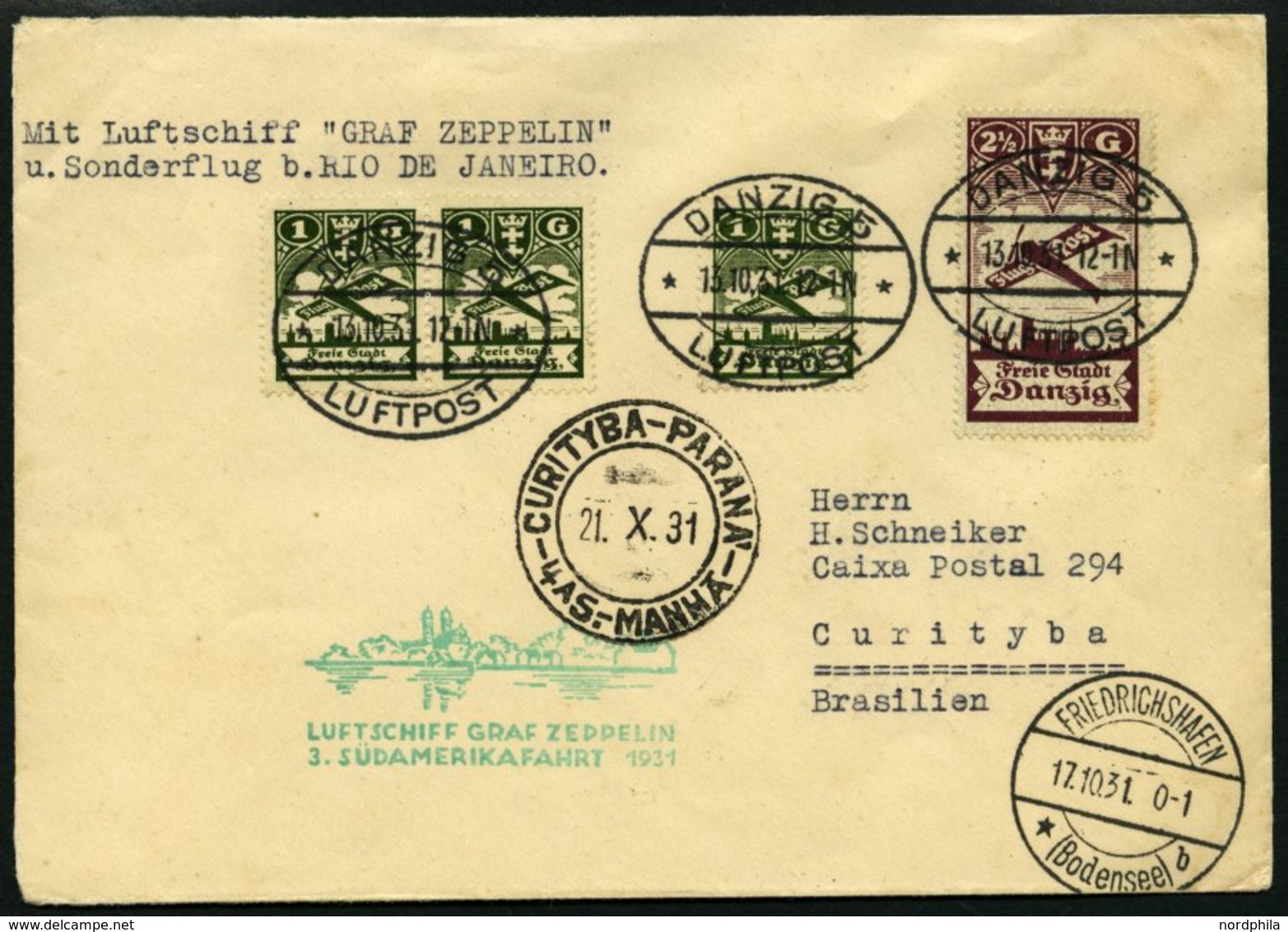 ZULEITUNGSPOST 133 BRIEF, Danzig: 1931, 3. Südamerikafahrt, Prachtbrief - Zeppelins