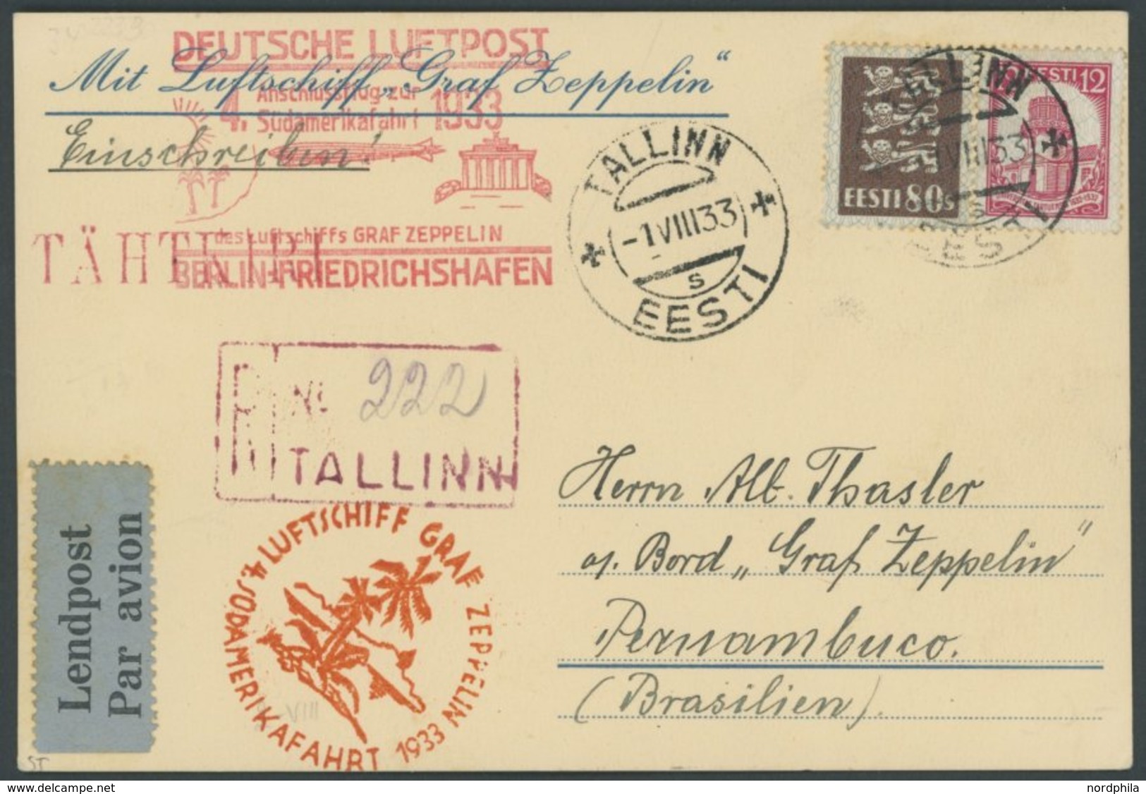 ZULEITUNGSPOST 223B BRIEF, Estland, 1933, 4. Südamerikafahrt, Anschlußflug Ab Berlin, Prachtkarte - Zeppeline