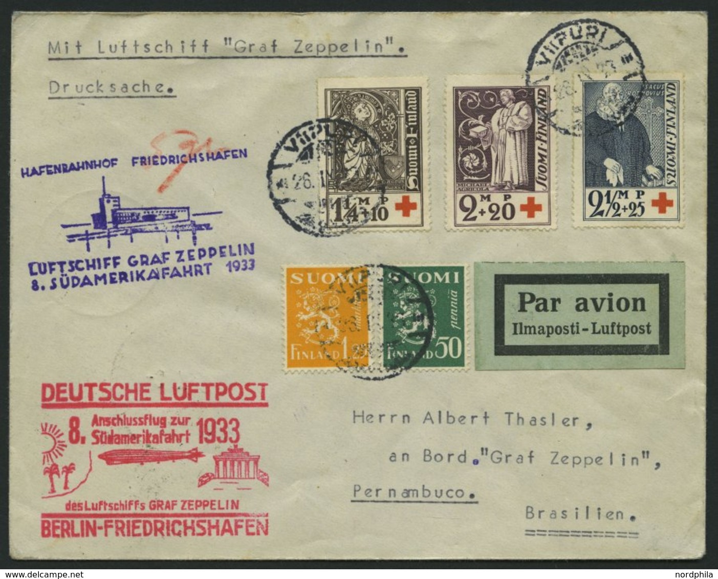 ZULEITUNGSPOST 235B BRIEF, Finnland: 1933, 8. Südamerikafahrt, Anschlußflug Ab Berlin, Drucksachenbrief, Pracht - Zeppelins