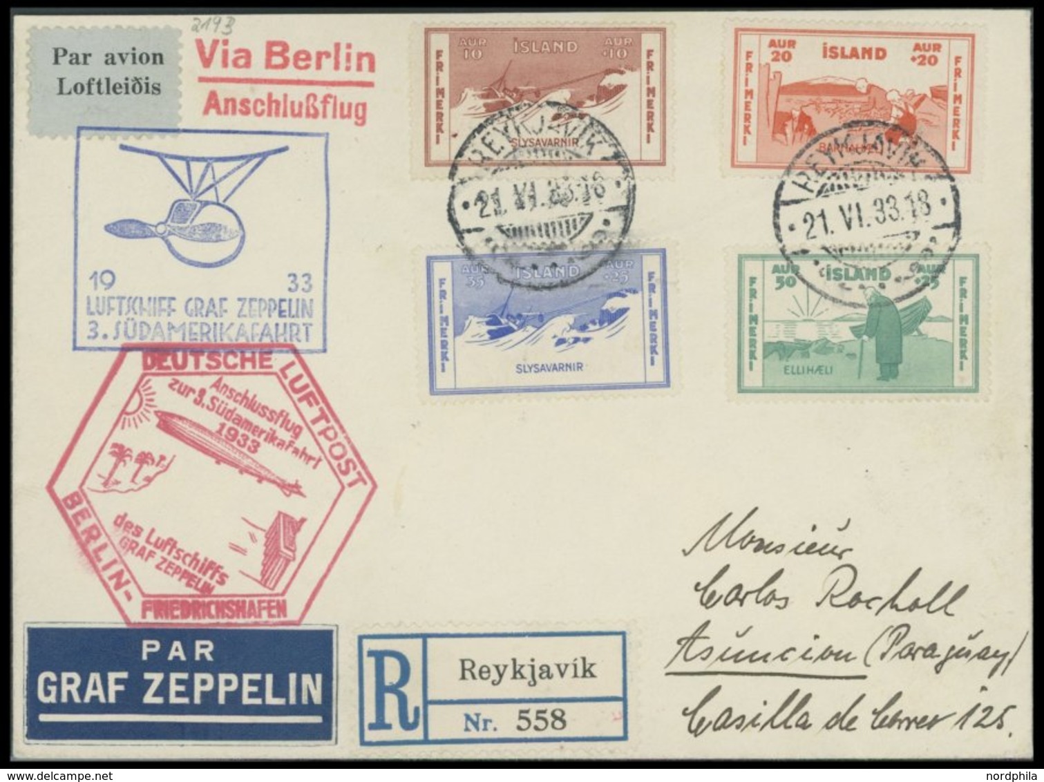 ZULEITUNGSPOST 219B BRIEF, Island: 1933, 3. Südamerikafahrt, Anschlußflug Ab Berlin, Einschreibbrief, Pracht, Sieger Unb - Zeppeline
