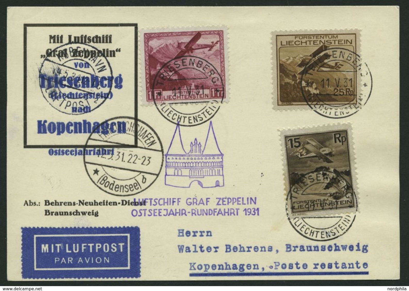 ZULEITUNGSPOST 108 BRIEF, Liechtenstein: 1931, Ostseejahr-Rundfahrt, Abwurf Kopenhagen, Prachtkarte - Zeppelins