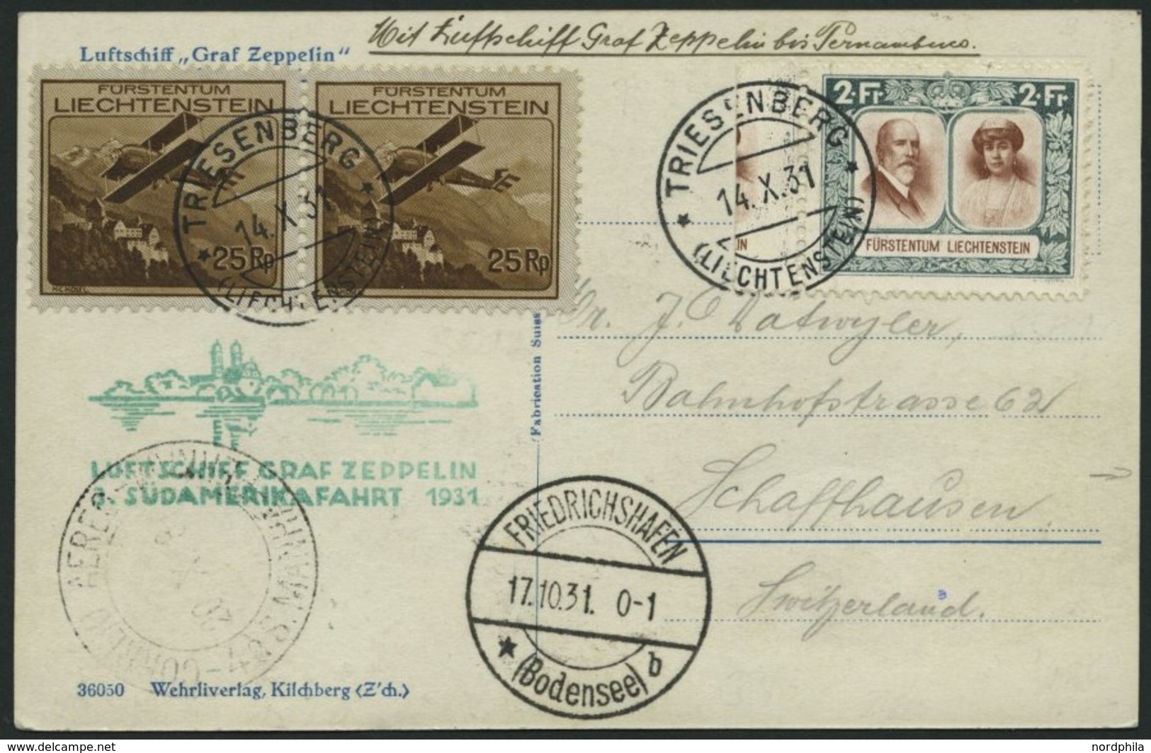 ZULEITUNGSPOST 133A BRIEF, Liechtenstein: 1931, 3. Südamerikafahrt, Post Nach Pernambuco, Prachtkarte - Zeppelins