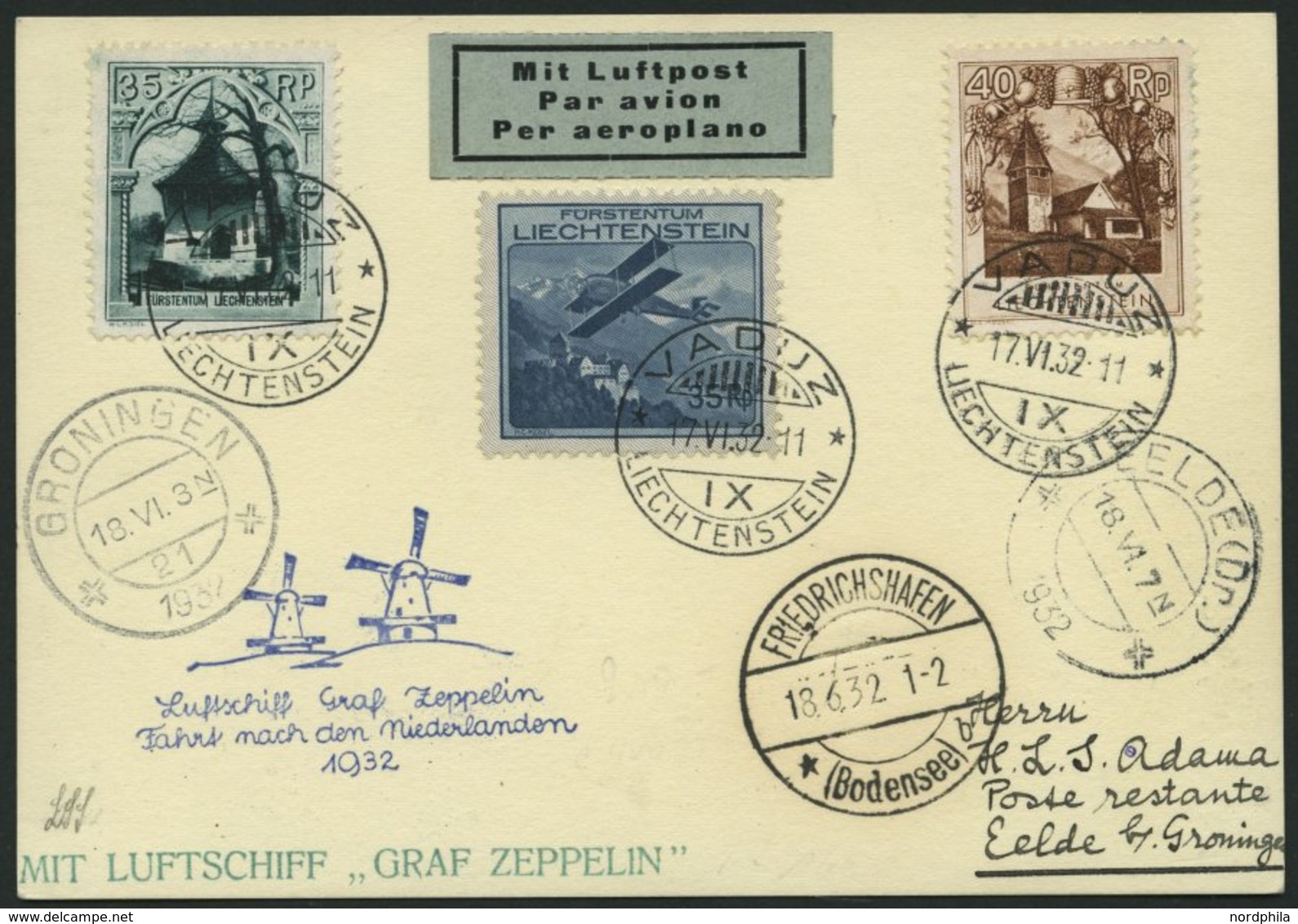 ZULEITUNGSPOST 164B BRIEF, Liechtenstein: 1932, Hollandfahrt, Abwurf Groningen, Prachtkarte - Zeppeline