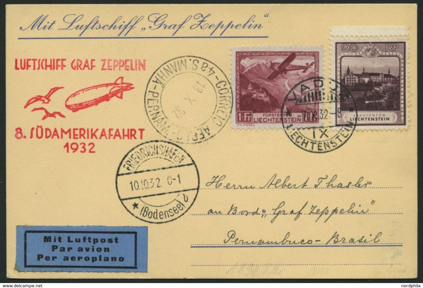 ZULEITUNGSPOST 189 BRIEF, Liechtenstein: 1932, 8. Südamerikafahrt, Gute Frankatur, Prachtkarte - Zeppeline