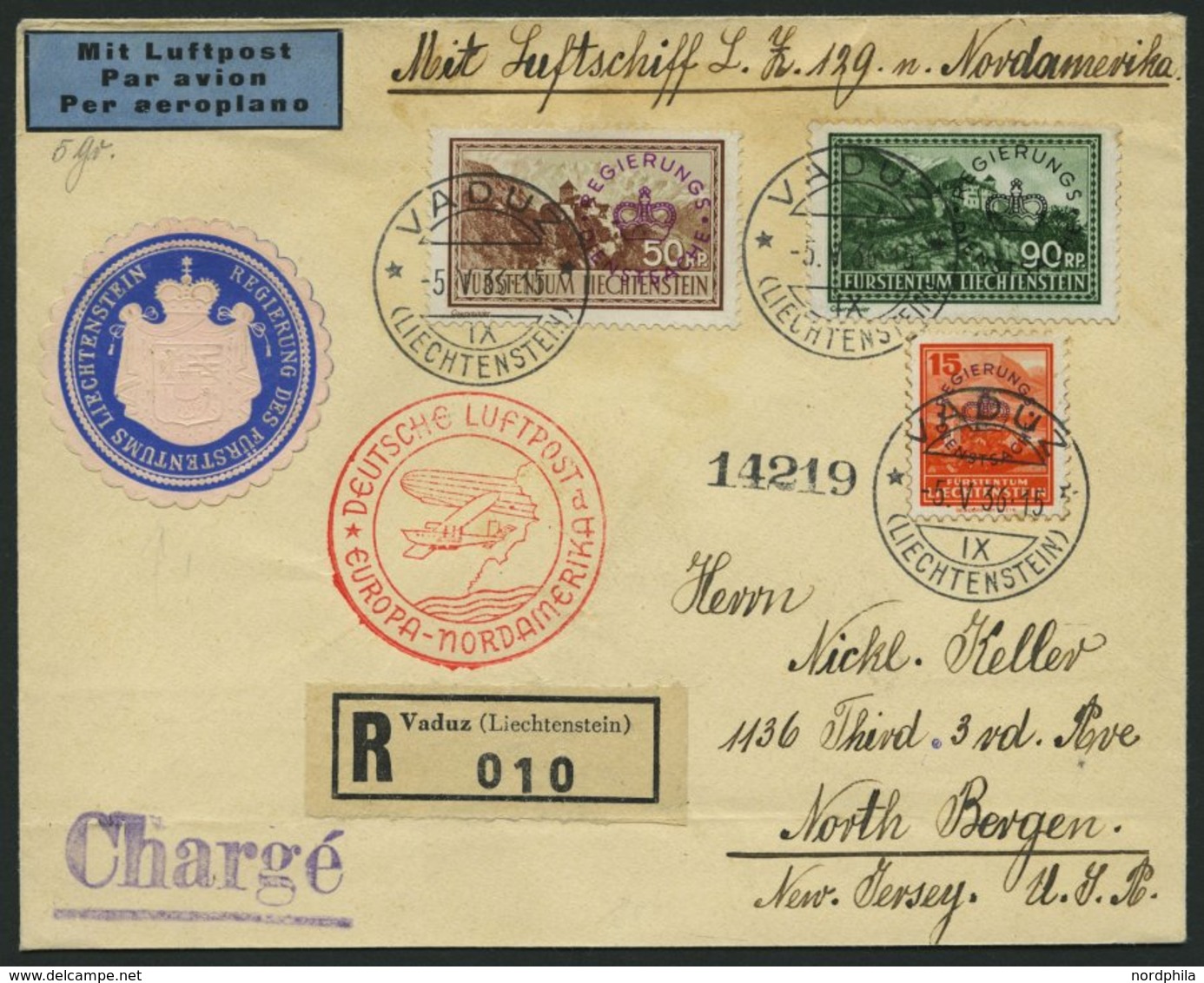 ZULEITUNGSPOST 406D BRIEF, Liechtenstein: 1936, 1. Nordamerikafahrt, Auflieferung Frankfurt, Mit Dienstmarken-Frankatur  - Zeppeline