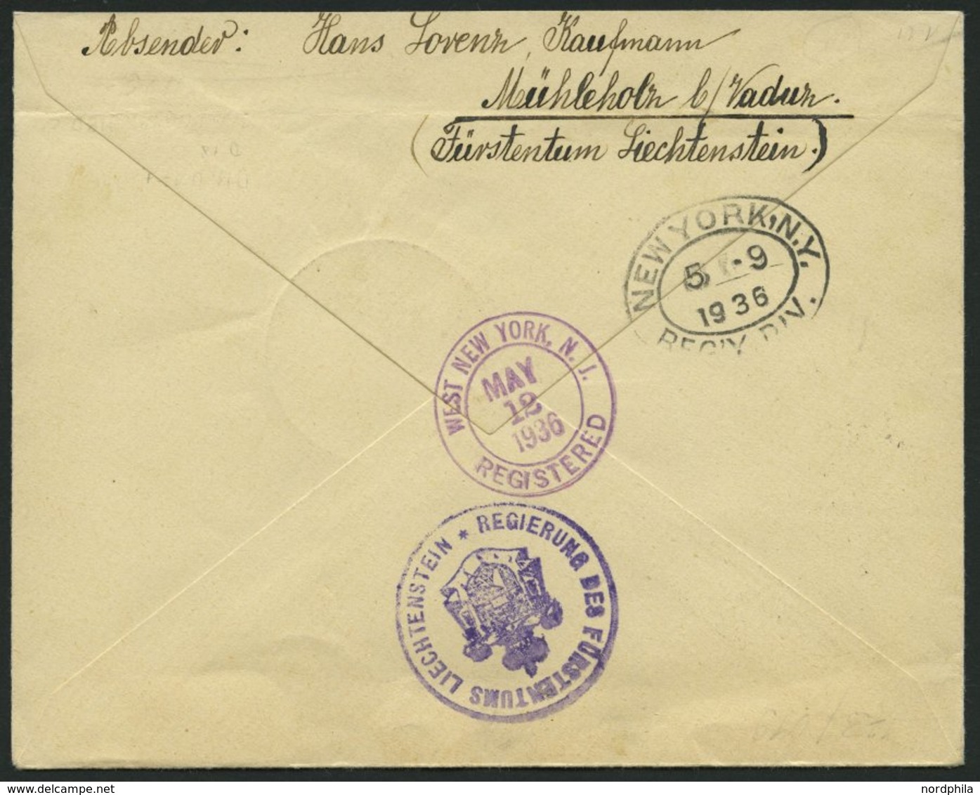 ZULEITUNGSPOST 406D BRIEF, Liechtenstein: 1936, 1. Nordamerikafahrt, Auflieferung Frankfurt, Mit Dienstmarken-Frankatur  - Zeppeline