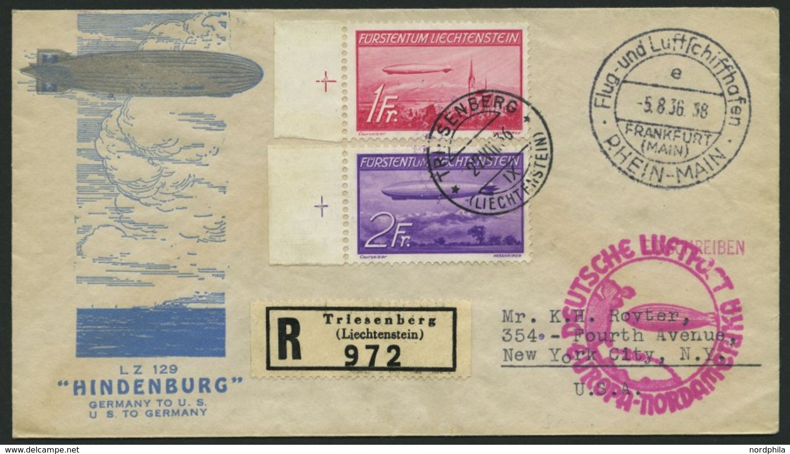 ZULEITUNGSPOST 428 BRIEF, Liechtenstein: 1936, 6. Nordamerikafahrt, Einschreibbrief, Pracht - Zeppeline