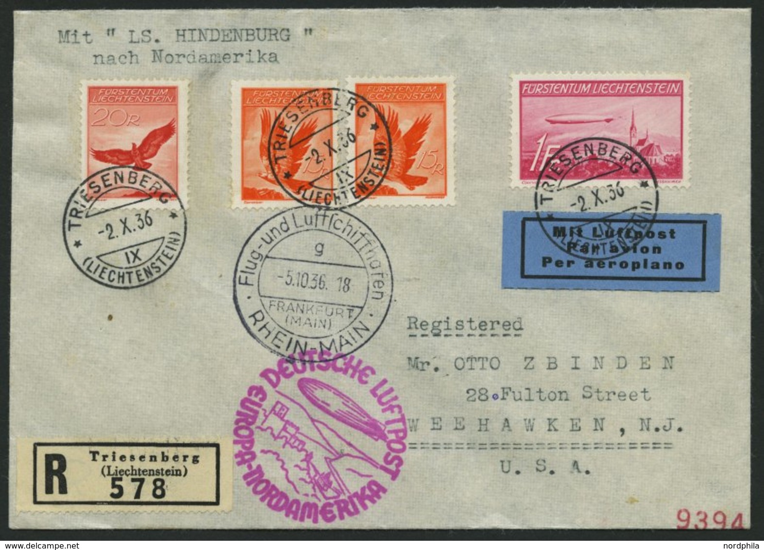 ZULEITUNGSPOST 441 BRIEF, Liechtenstein: 1936, 10. Nordamerikafahrt, Einschreibbrief, Pracht - Zeppeline