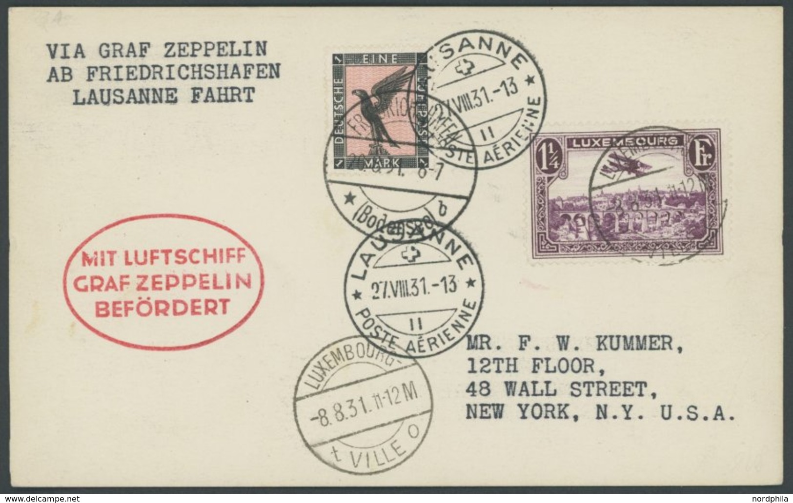 ZULEITUNGSPOST 123 BRIEF, Luxemburg: 1931, Fahrt Nach Lausanne, Mit Deutsch-luxemburgerischer Frankatur, Prachtkarte In  - Zeppeline