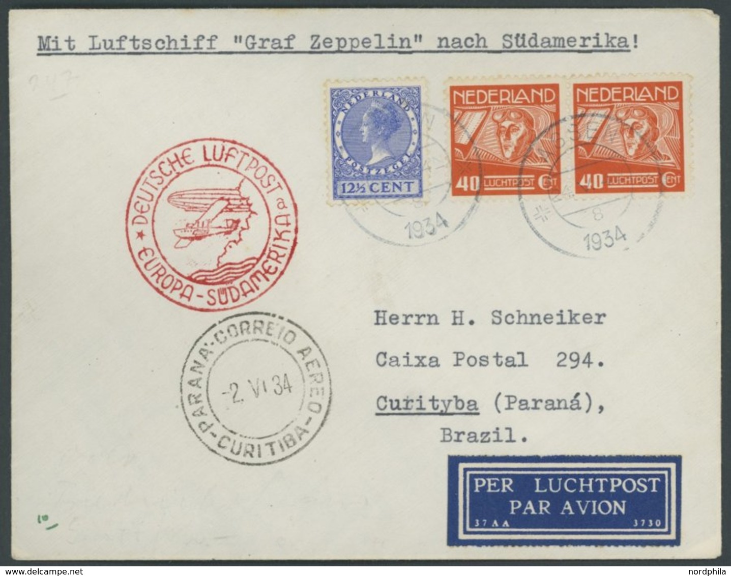 ZULEITUNGSPOST 247Bb BRIEF, Niederlande: 1934, 1. Südamerikafahrt, Anschlußflug Ab Berlin, Stempel A, Prachtbrief - Zeppeline