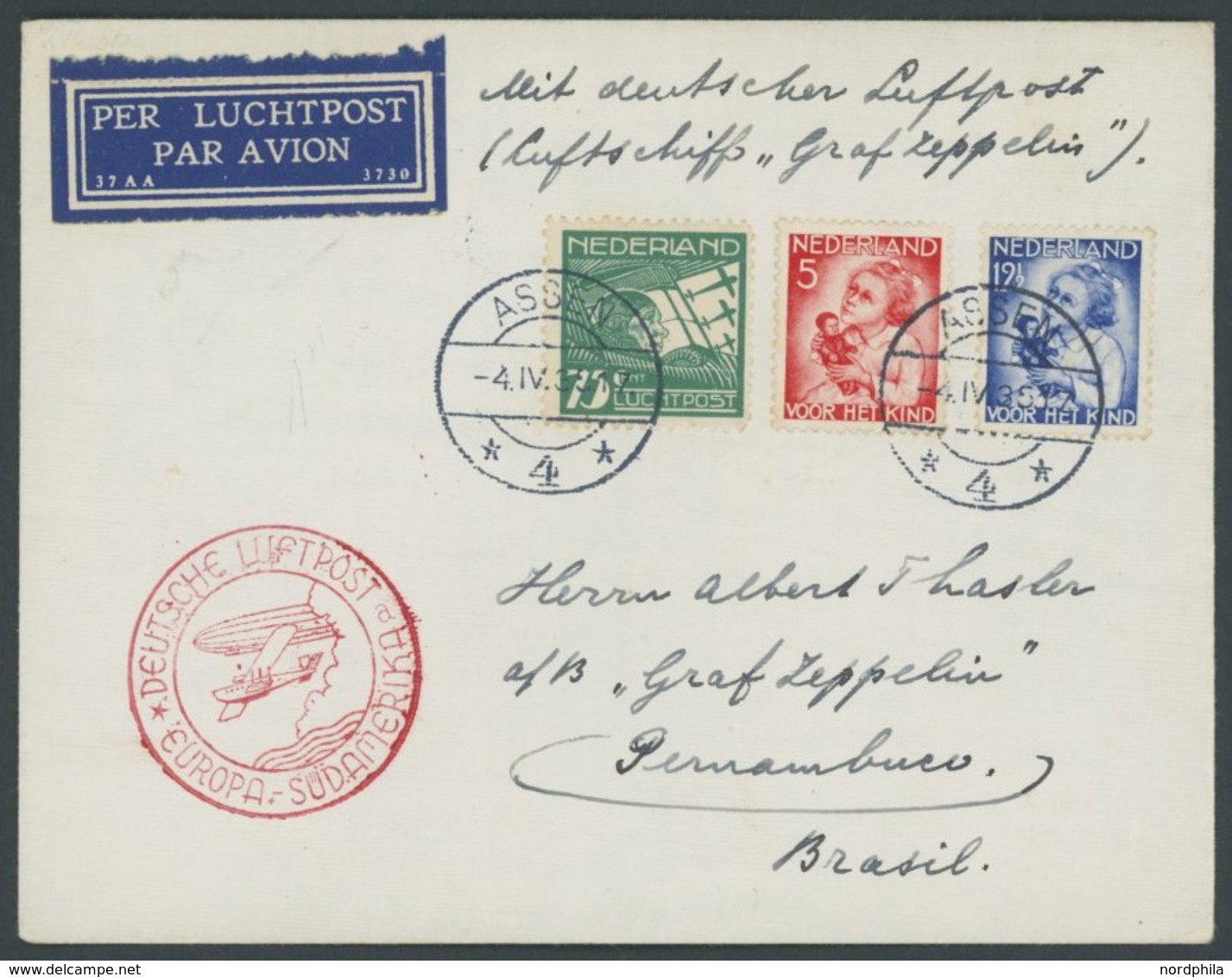 ZULEITUNGSPOST 290Bb BRIEF, Niderlande: 1935, 1. Südamerikafahrt, Nachbringeflug Ab Berlin, Stempel A, Prachtbrief - Zeppeline