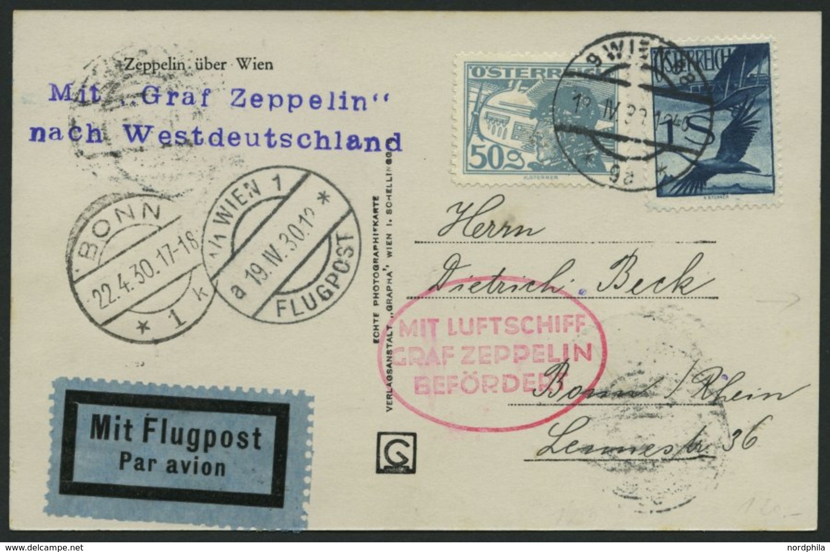 ZULEITUNGSPOST 54 BRIEF, Österreich: 1930, Landungsfahrt Nach Bonn, Prachtkarte - Zeppeline