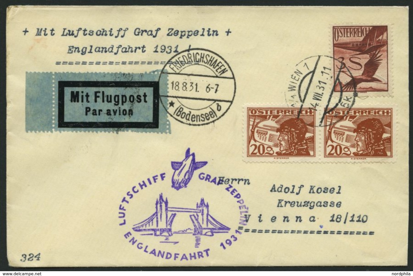 ZULEITUNGSPOST 122 BRIEF, Österreich: 1931, Englandfahrt, Prachtbrief - Zeppelins