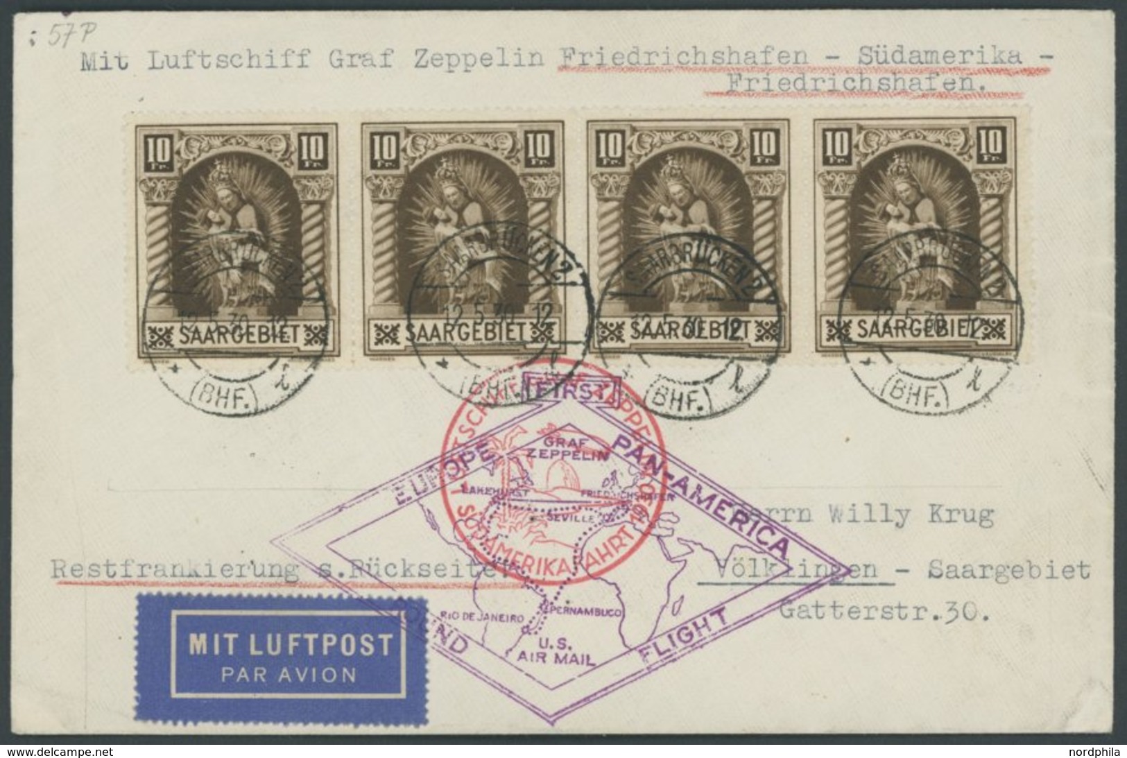 ZULEITUNGSPOST 57P BRIEF, Saargebiet: 1930, Südamerikafahrt, Rundfahrt, U.a. Frankiert Mit 7x Mi.Nr 103 (vorder- Und Rüc - Zeppelins
