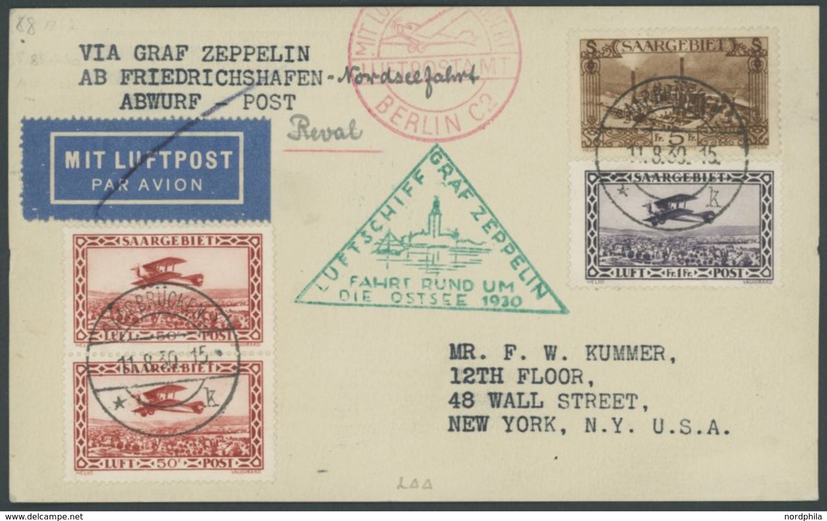 ZULEITUNGSPOST 88Bb BRIEF, Saargebiet: 1930, Ostseefahrt, Abwurf Reval, Prachtkarte In Die USA - Zeppelins