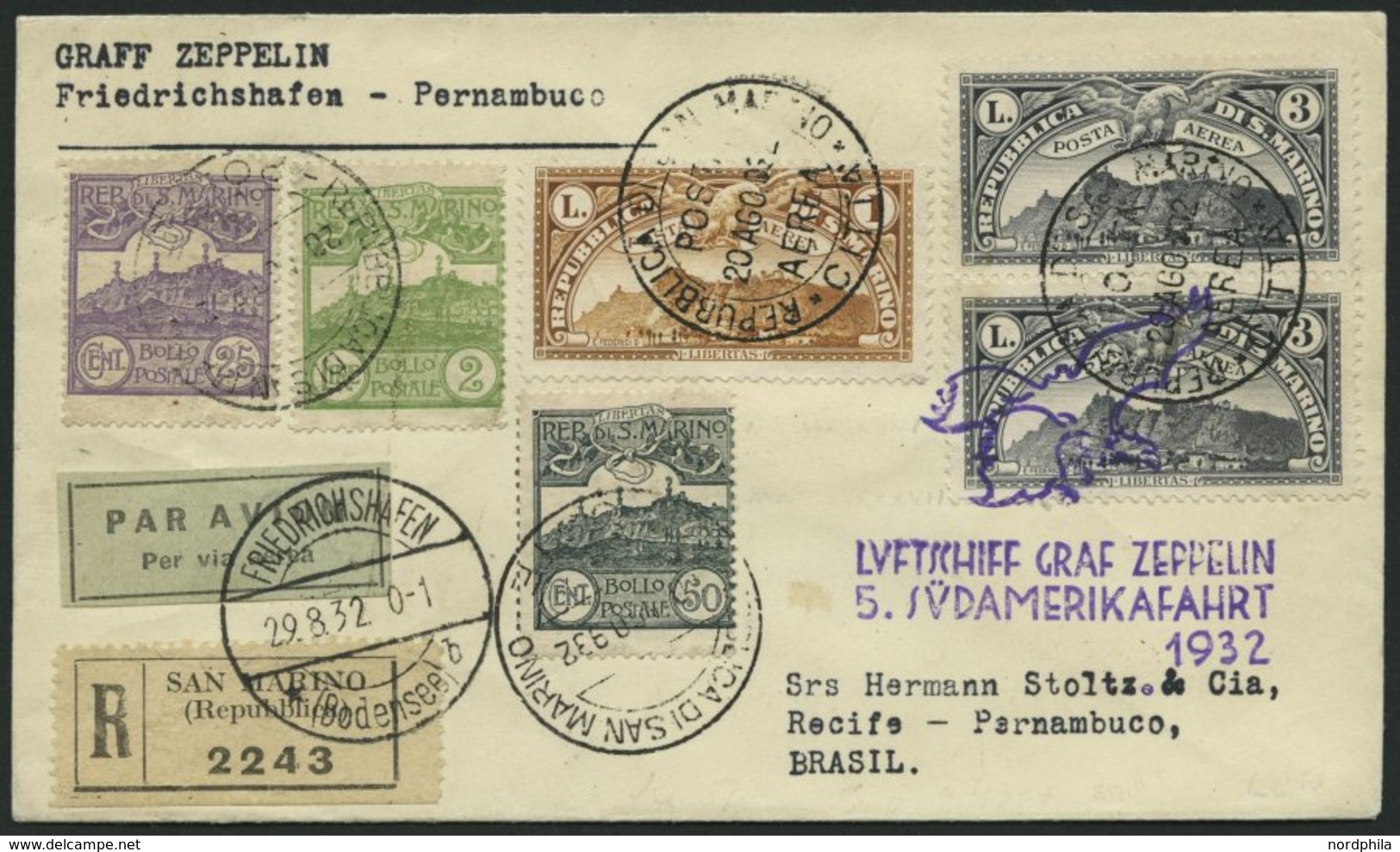 ZULEITUNGSPOST 171 BRIEF, San Marino: 1932, 5. Südamerikafahrt, Einschreibbrief, Pracht - Zeppelins