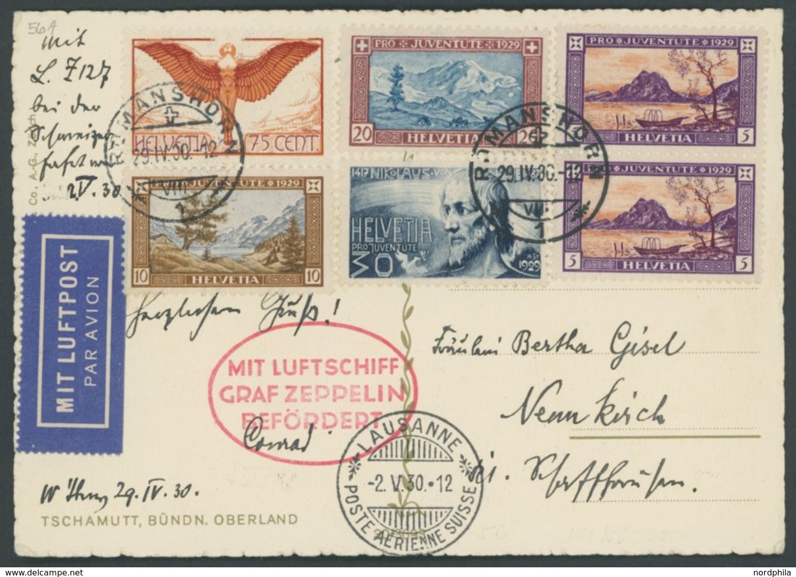 ZULEITUNGSPOST 56A BRIEF, Schweiz: 1930 Schweizfahrt, Abwurf Lausanne, Prachtkarte - Zeppeline