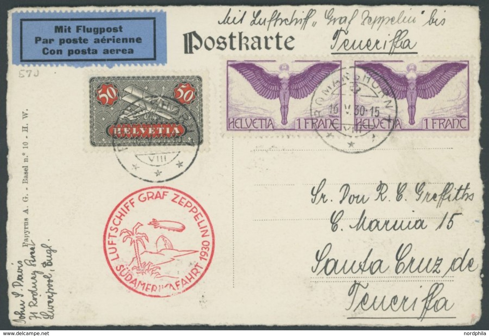 ZULEITUNGSPOST 57J BRIEF, Schweiz: 1930, Südamerikafahrt, Abwurf Praia, Frankiert Mit 2x Mi.Nr. 191 Und 184x, Prachtkart - Zeppelins