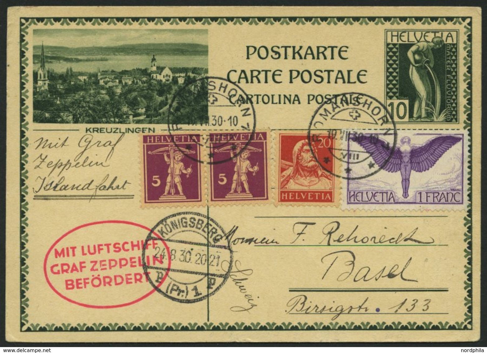 ZULEITUNGSPOST 80 BRIEF, Schweiz: 1930, Ostpreußenfahrt, Abgabe Königsberg, Prachtkarte - Zeppeline