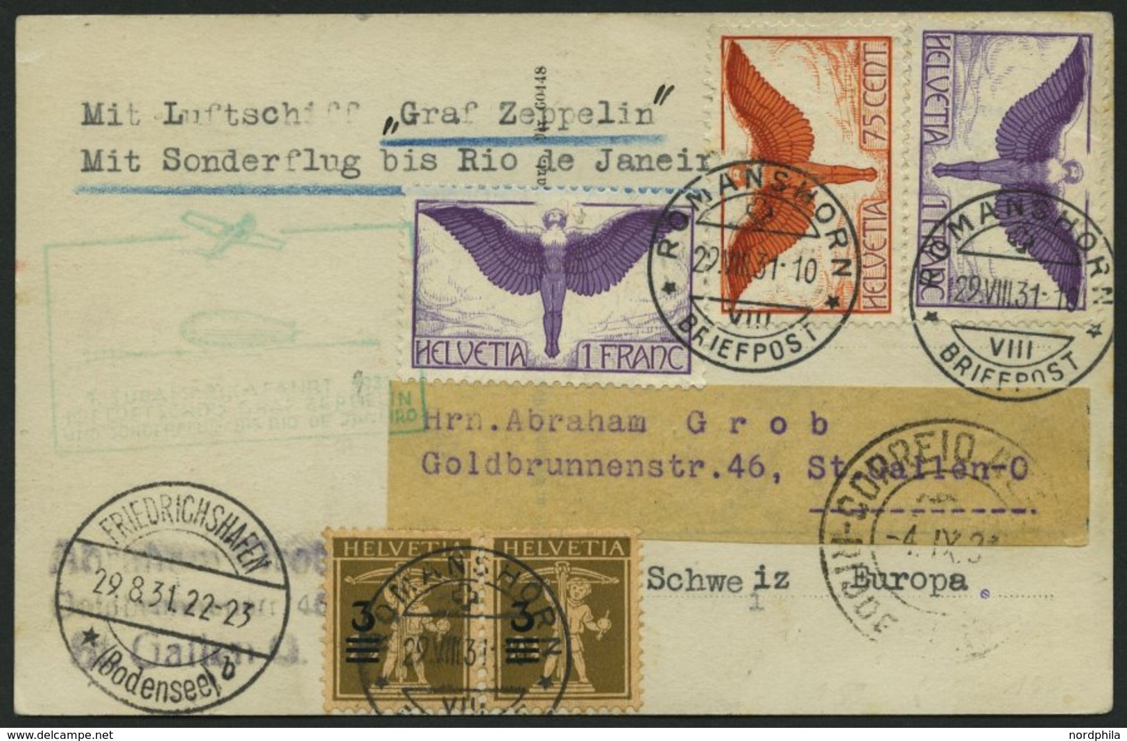 ZULEITUNGSPOST 124Ca BRIEF, Schweiz: 1931, 1. Südamerikafahrt, Bis Rio De Janeiro, Prachtkarte - Zeppelins