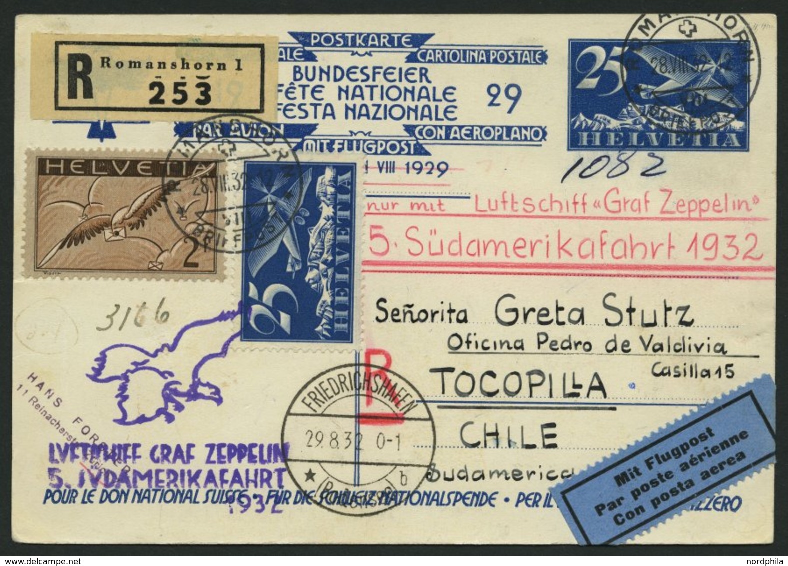 ZULEITUNGSPOST 171Aa BRIEF, Schweiz: 1932, 5. Südamerikafahrt, Auflieferung Friedrichshafen, Einschreibkarte, Pracht - Zeppelins
