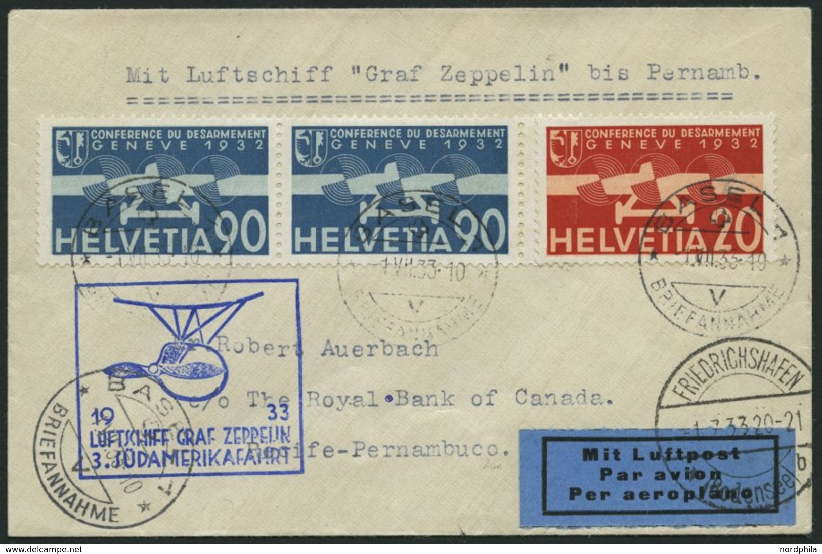 ZULEITUNGSPOST 219Aa BRIEF, Schweiz: 1933, 3. Südamerikafahrt, Prachtbrief - Zeppeline