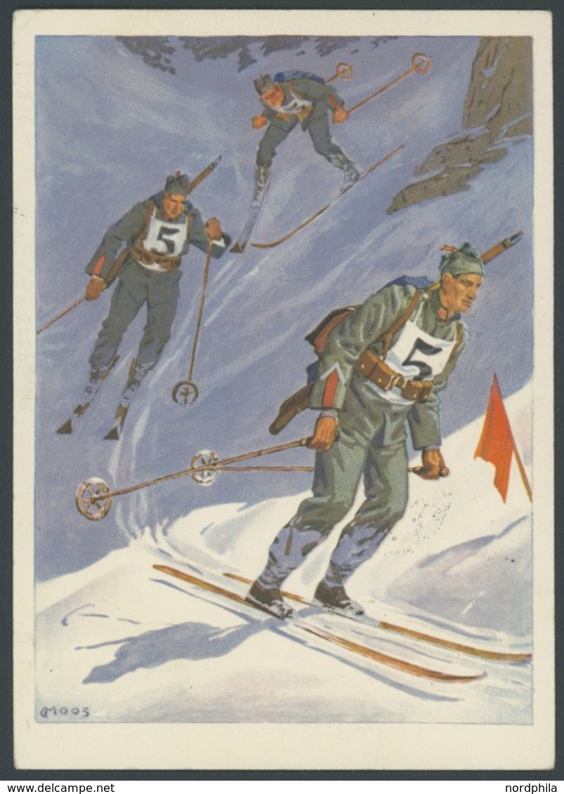 ZULEITUNGSPOST 427 BRIEF, Schweiz: 1936, Olympiafahrt, Farbige Künstlerkarte Skiläufer, Pracht - Zeppelins