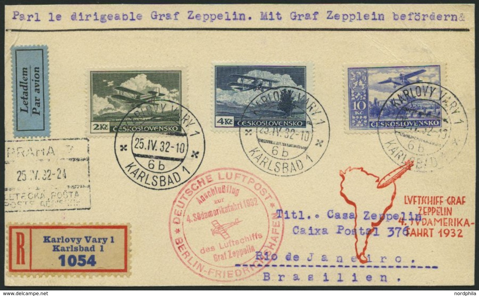 ZULEITUNGSPOST 157B BRIEF, Tschechoslowakei: 1932, 3. Südamerikafahrt, Einschreibkarte, Pracht - Zeppelins