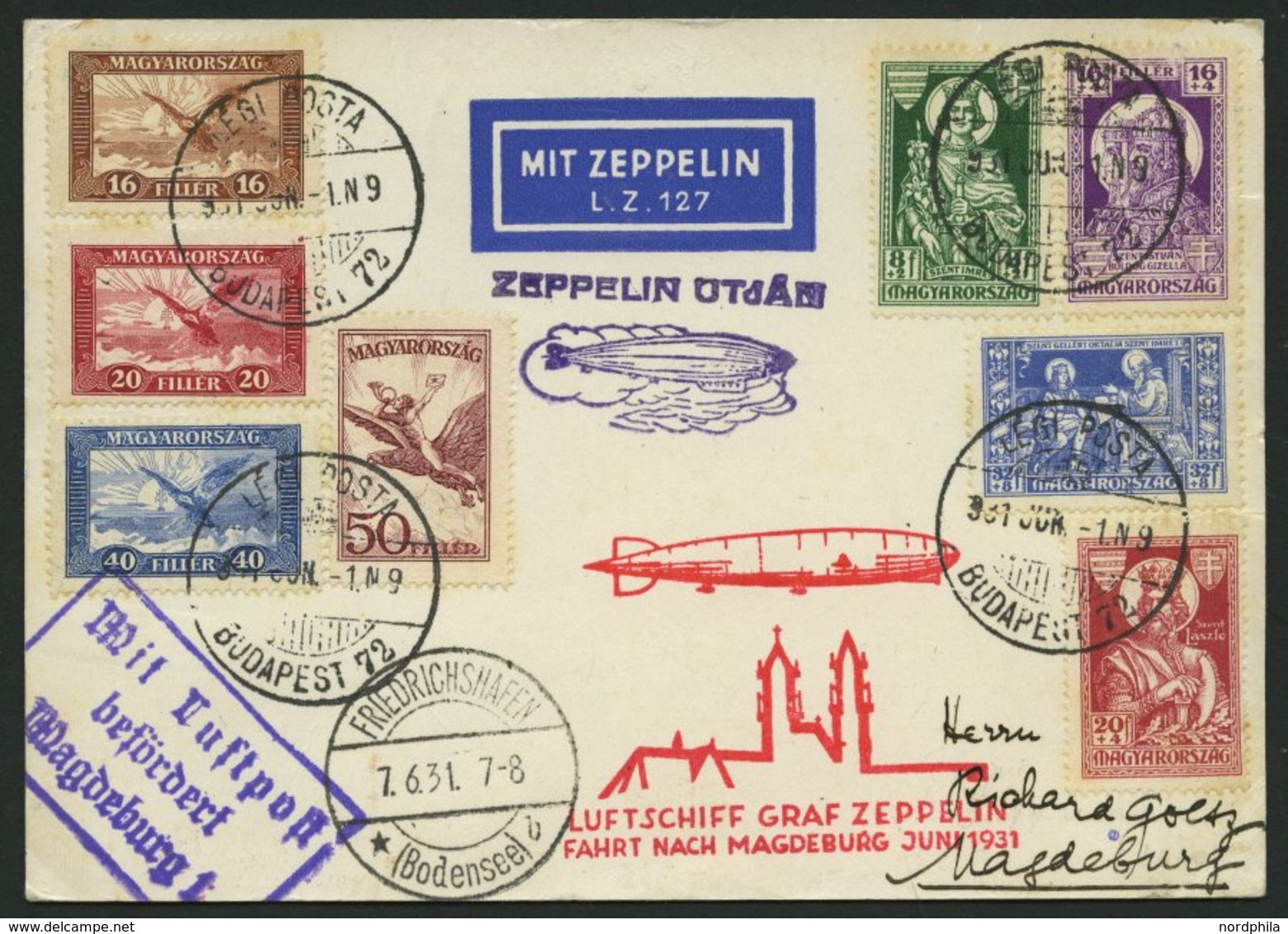 ZULEITUNGSPOST 109 BRIEF, Ungarn: 1931, Fahrt Nach Magdeburg, Prachtkarte - Zeppelins