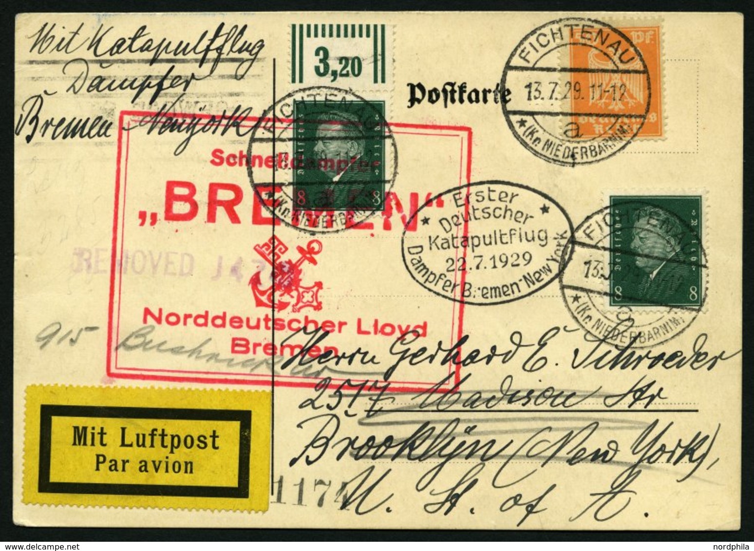 KATAPULTPOST 1a BRIEF, 22.7.1929, &quot,Bremen&quot, - New York, Landpostaufgabe, Prachtkarte - Briefe U. Dokumente