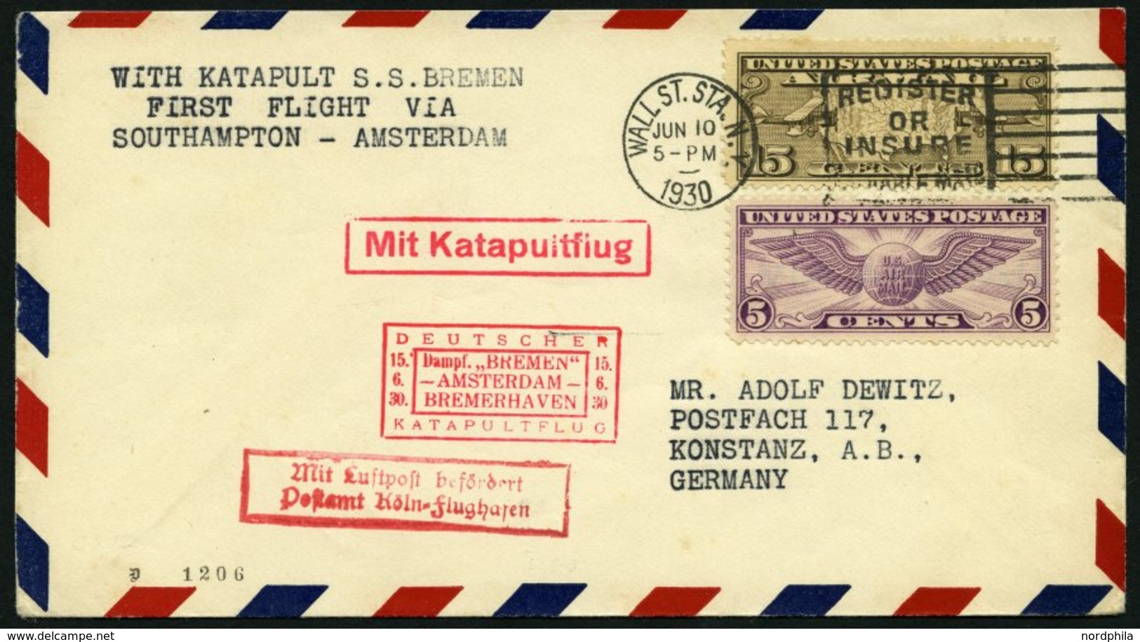 KATAPULTPOST 15a BRIEF, 16.6.1930, &quot,Bremen&quot, - Bremerhaven, US-Landpostaufgabe, Prachtbrief - Lettres & Documents