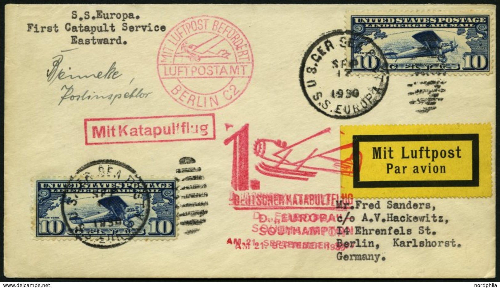 KATAPULTPOST 32b BRIEF, 22.9.1930, &quot,Europa&quot, - Southampton, US-Seepostaufgabe, Prachtbrief - Storia Postale