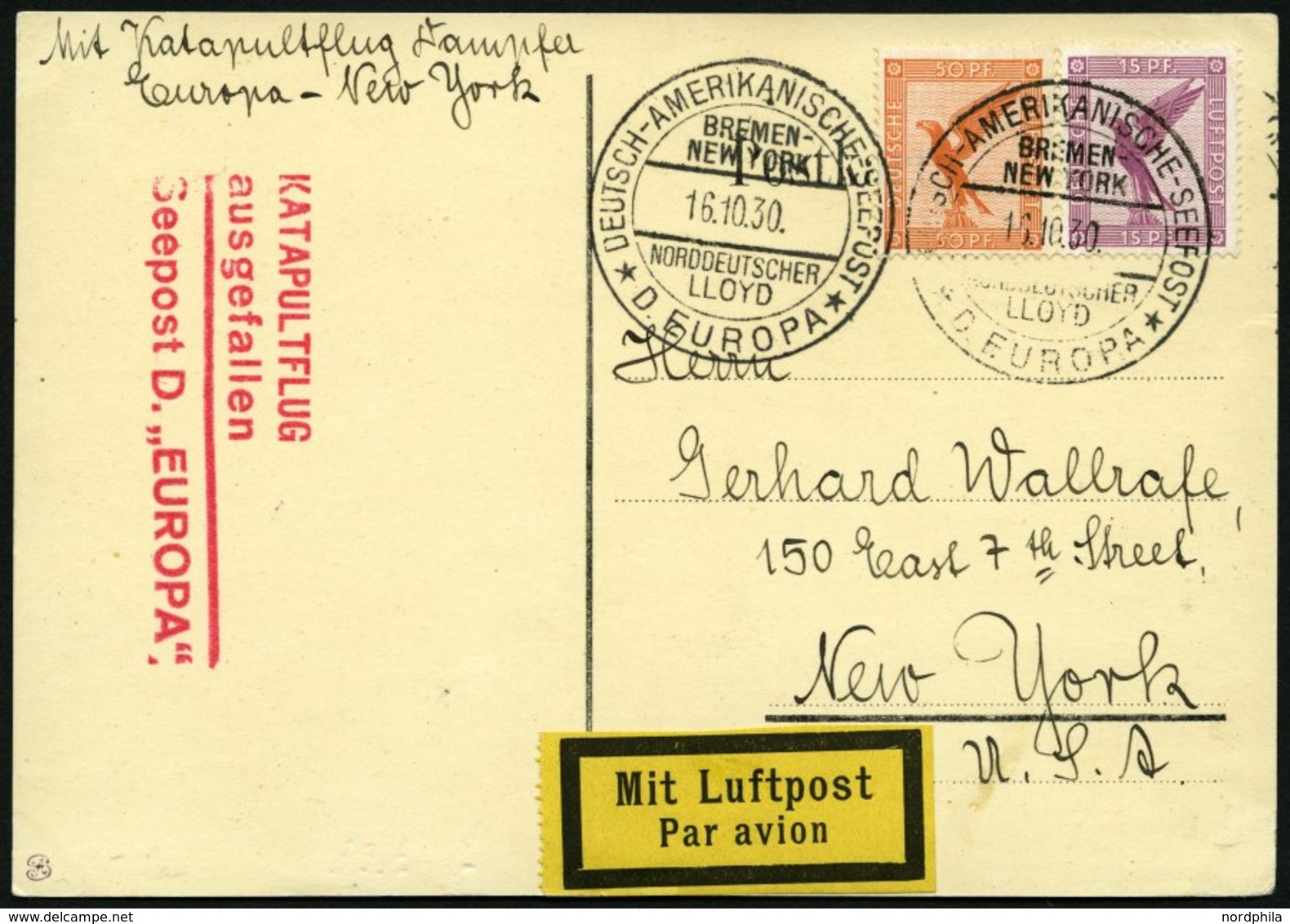 KATAPULTPOST 38c BRIEF, 16.10.1930, Europa - Flug Ausgefallen, Nachbringeflug Und Ausfallstempel, Prachtkarte - Briefe U. Dokumente