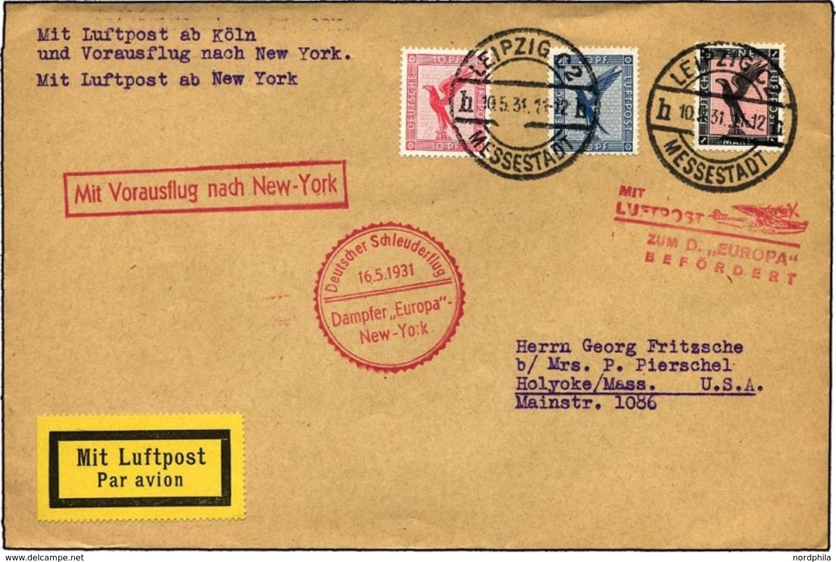 KATAPULTPOST 41c BRIEF, 16.5.1931, Europa - New York, Nachbringe- Und Schleuderflug, Prachtbrief - Covers & Documents