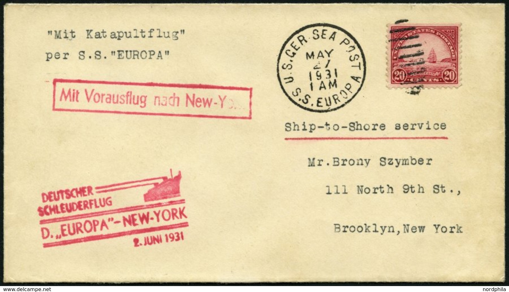 KATAPULTPOST 45 BRIEF, 2.6.1931, &quot,Europa&quot, - New York, US-Frankatur, Prachtbrief, Signiert Joffe, Haberer LP! - Storia Postale