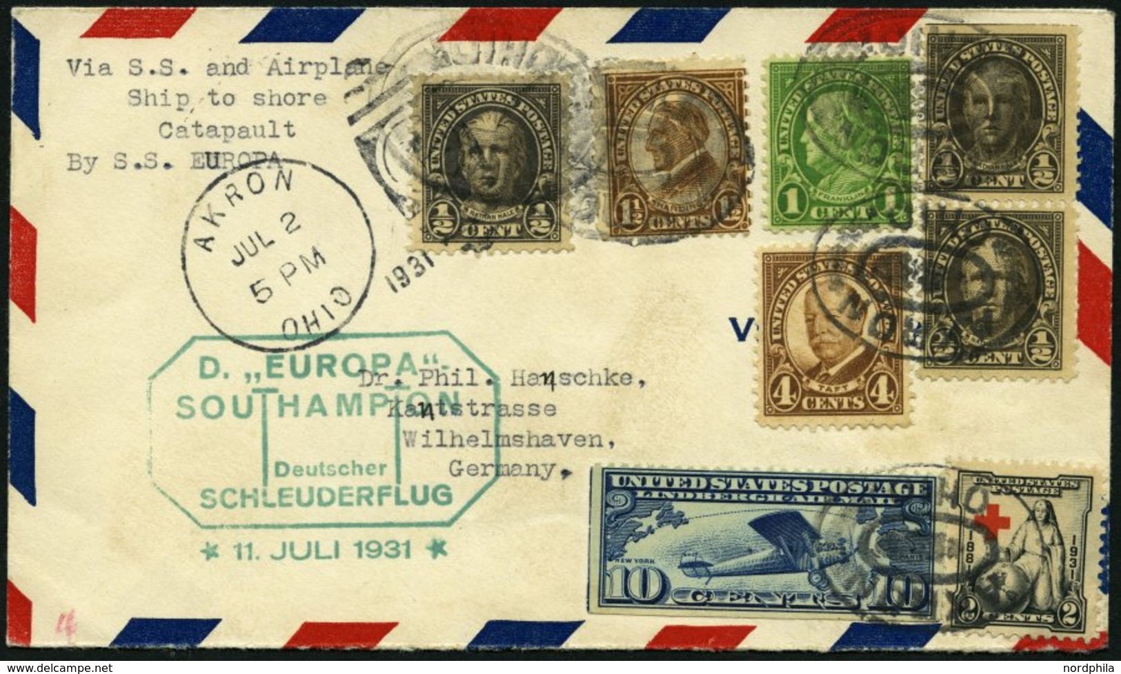 KATAPULTPOST 56a BRIEF, 11.7.1931, &quot,Europa&quot, - Southampton, US-Landpostaufgabe, Prachtbrief - Covers & Documents