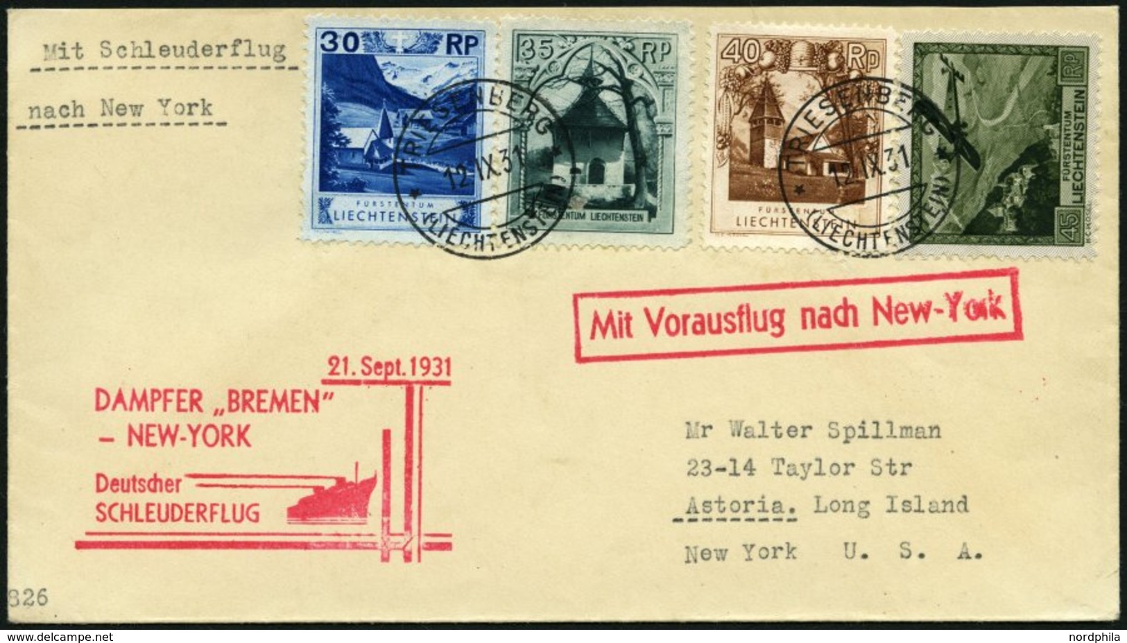 KATAPULTPOST 72Li BRIEF, Liechenstein: 1.9.1931, Bremen - New York, Prachtbrief, RR! - Storia Postale