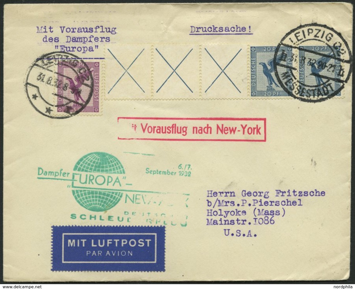 KATAPULTPOST 105a BRIEF, 6.9.1932, Europa - New York, Landpostaufgabe, Frankiert U.a. Mit W 21.3, Drucksache, Pracht - Briefe U. Dokumente