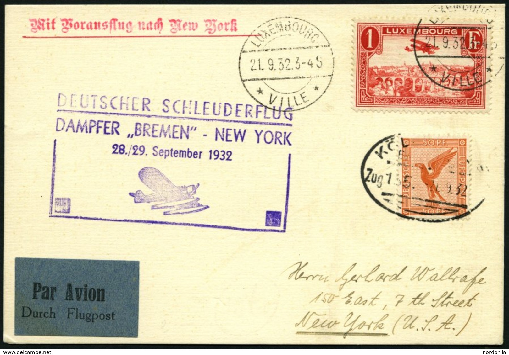 KATAPULTPOST 110Lu BRIEF, Luxemburg: 28.9.1932, Bremen - New York, Zweiländerfrankatur, Bahnpoststempel KÖLN, Prachtkart - Lettres & Documents