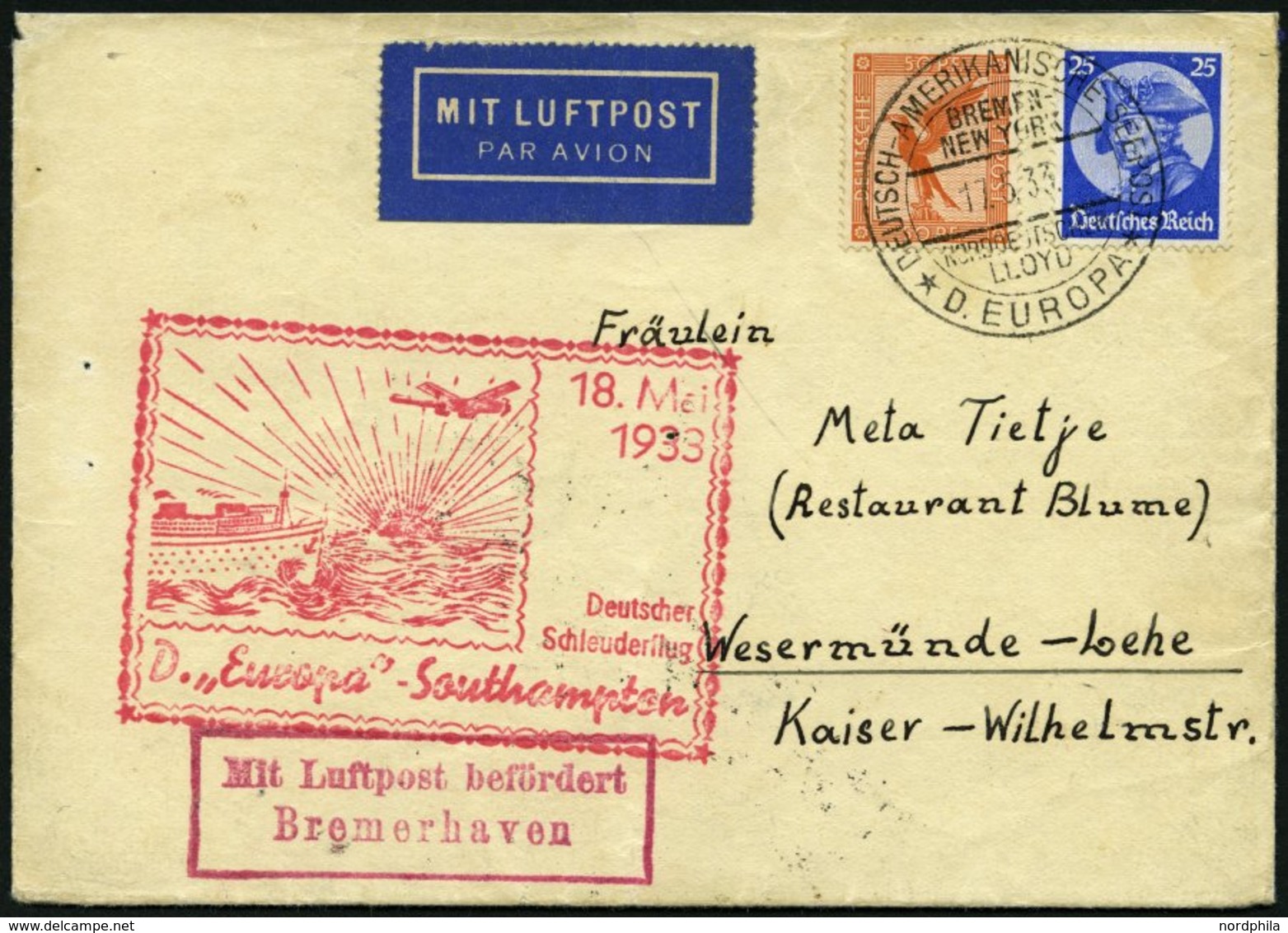 KATAPULTPOST 115c BRIEF, 18.5.1933, &quot,Europa&quot, - Southampton, Deutsche Seepostaufgabe, Frankiert Mit Mi.Nr. 381  - Storia Postale