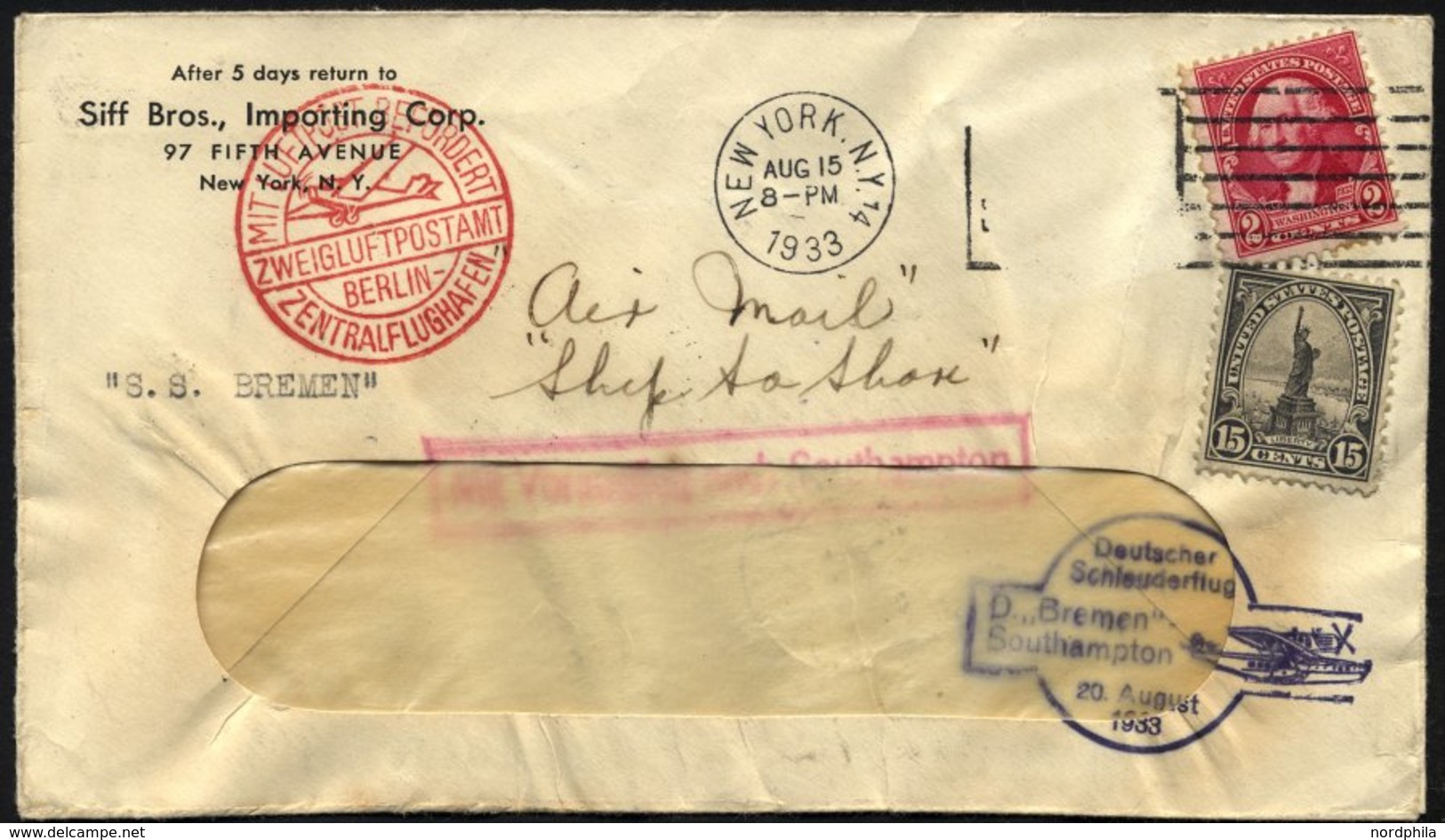 KATAPULTPOST 136a BRIEF, 20.8.1933, Bremen - Southampton, US-Landpostaufgabe, Bedarfs-Fensterumschlag Mit Ankunftsstempe - Briefe U. Dokumente