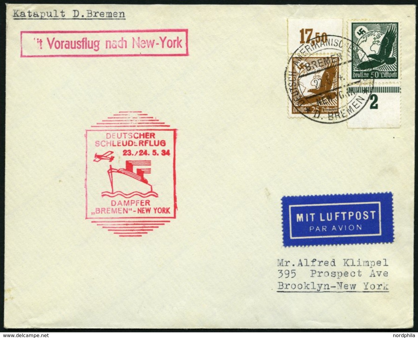 KATAPULTPOST 153b BRIEF, 23.5.1934, &quot,Bremen&quot, - New York, Seepostaufgabe, Prachtbrief - Briefe U. Dokumente