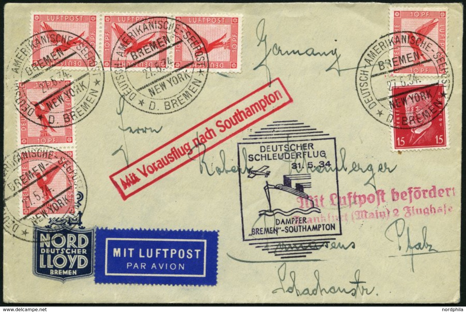 KATAPULTPOST 155c BRIEF, 31.5.1934, Bremen - Southampton, Deutsche Seepostaufgabe, Prachtbrief - Briefe U. Dokumente