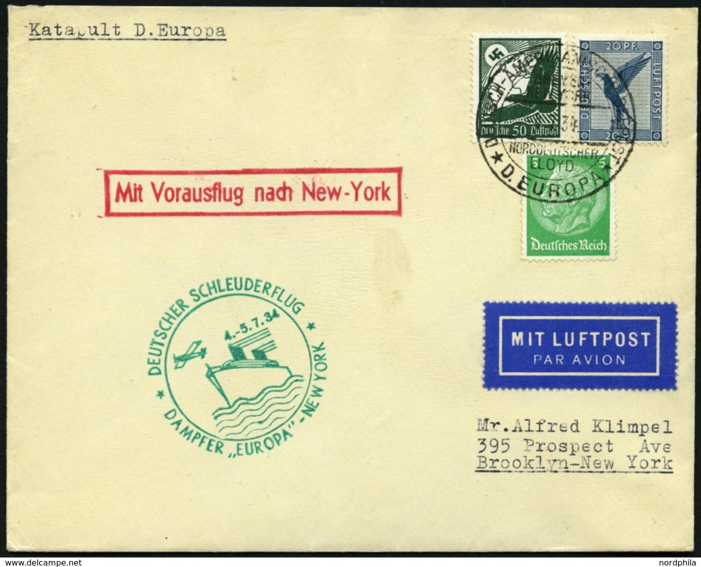 KATAPULTPOST 162b BRIEF, 4.7.1934, &quot,Europa&quot, - New York, Seepostaufgabe, Prachtbrief - Storia Postale