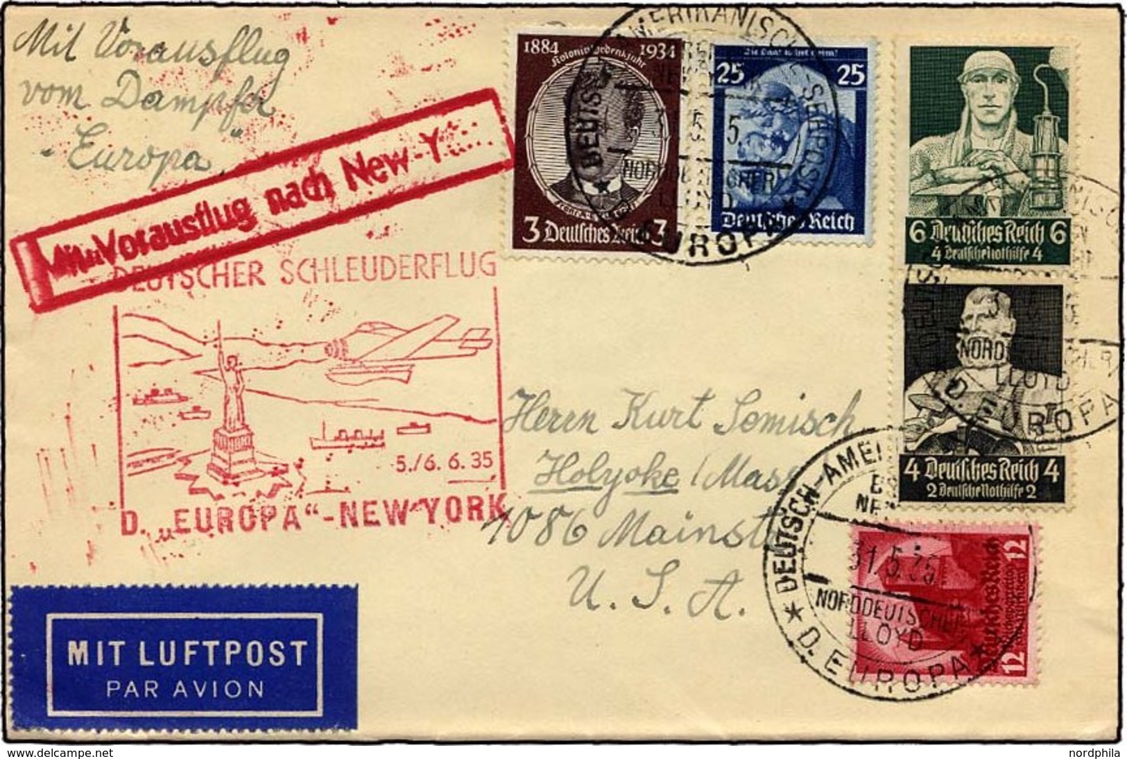 KATAPULTPOST 191b BRIEF, 5.6.1935, Europa - New York, Seepostaufgabe, Prachtbrief - Storia Postale